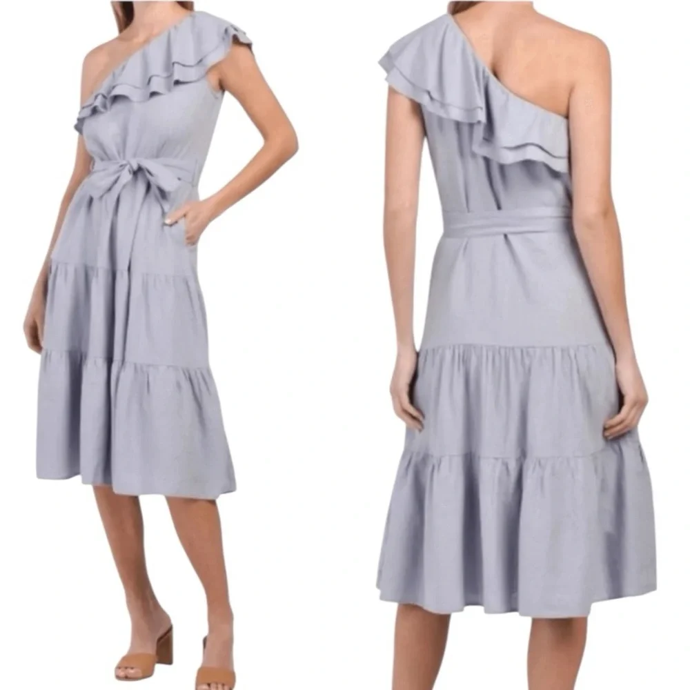 Nicole Miller Blue Linen One Shoulder MIDI Dress Ruffles Chambray XS NWOT - Picture 1 of 5
